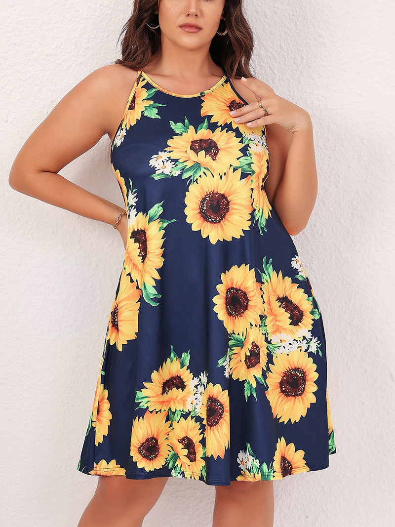 Finjani sieviešu liela izmēra Cami kleita, saulespuķu apdrukas kleitas, apģērbi, vasaras moderni 2023. gada jauna kleita