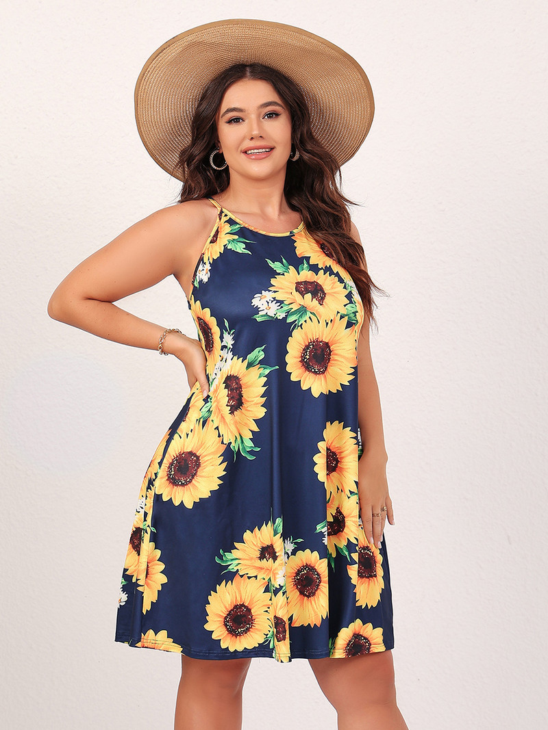 Finjani sieviešu liela izmēra Cami kleita, saulespuķu apdrukas kleitas, apģērbi, vasaras moderni 2023. gada jauna kleita