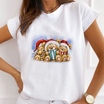 Sieviešu mode Ziemassvētki Harajuku T-krekls ar īsām piedurknēm Balts Ziemassvētku dāvanas Lācis Suns Kaķis Karikatūra Tops Cute Graphic T-krekli