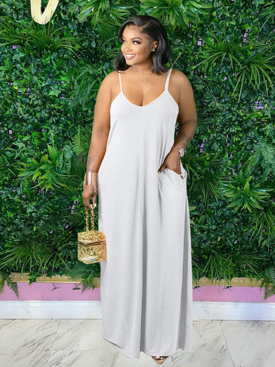 ZJFZML ZZ Liela izmēra sieviešu apģērbi, spageti siksniņa ar dziļu V kakla izgriezumu bez piedurknēm, maksi kleita ar slīpām kabatām visā garumā