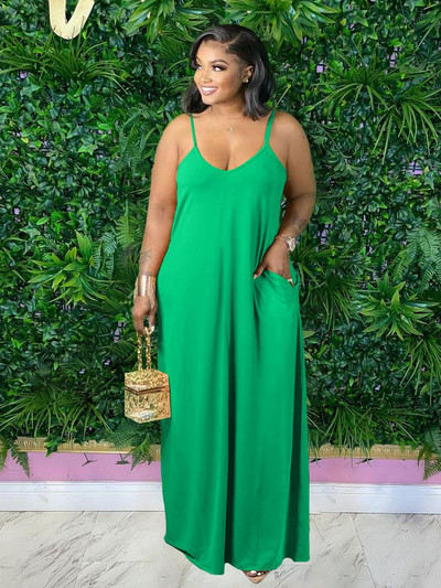 ZJFZML ZZ Liela izmēra sieviešu apģērbi, spageti siksniņa ar dziļu V kakla izgriezumu bez piedurknēm, maksi kleita ar slīpām kabatām visā garumā