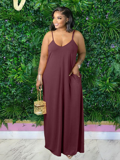 ZJFZML ZZ Liela izmēra sieviešu apģērbi, spageti siksniņa ar dziļu V kakla izgriezumu bez piedurknēm, maksi kleita ar slīpām kabatām visā garumā