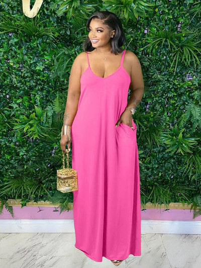 ZJFZML ZZ Liela izmēra sieviešu apģērbi, spageti siksniņa ar dziļu V kakla izgriezumu bez piedurknēm, maksi kleita ar slīpām kabatām visā garumā