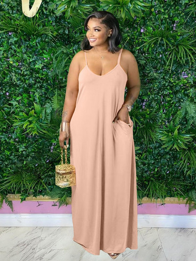 ZJFZML ZZ Liela izmēra sieviešu apģērbi, spageti siksniņa ar dziļu V kakla izgriezumu bez piedurknēm, maksi kleita ar slīpām kabatām visā garumā