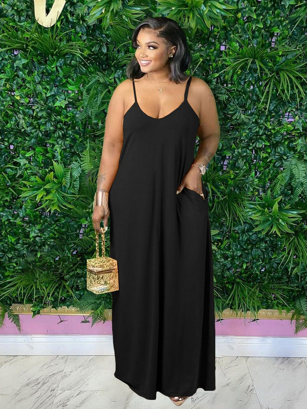 ZJFZML ZZ Liela izmēra sieviešu apģērbi, spageti siksniņa ar dziļu V kakla izgriezumu bez piedurknēm, maksi kleita ar slīpām kabatām visā garumā