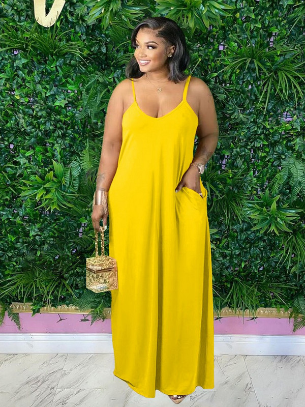 ZJFZML ZZ Liela izmēra sieviešu apģērbi, spageti siksniņa ar dziļu V kakla izgriezumu bez piedurknēm, maksi kleita ar slīpām kabatām visā garumā