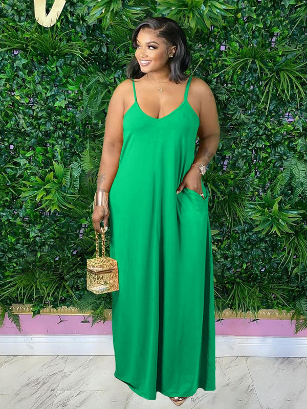 ZJFZML ZZ Liela izmēra sieviešu apģērbi, spageti siksniņa ar dziļu V kakla izgriezumu bez piedurknēm, maksi kleita ar slīpām kabatām visā garumā