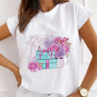 Nyáron új rövid ujjú pólók női divat szerelem szív virágmintás alkalmi laza felsők körgalléros póló