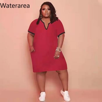 Waterarea Plus Size Solid Γυναικείο Φόρεμα Σέξι V λαιμόκοψη κοντό μανίκι Midi Φόρεμα Streetwear Casual Pocket African Loose Vestido New