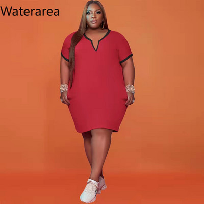 Waterarea Plus Size Solid Női Ruha Szexi V nyakú rövid ujjú Midi Ruha Utcai Ruha Alkalmi Zseb Afrikai Bő Vestido Új
