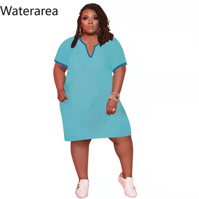 Waterarea Plus Size Solid Női Ruha Szexi V nyakú rövid ujjú Midi Ruha Utcai Ruha Alkalmi Zseb Afrikai Bő Vestido Új