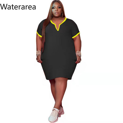 Waterarea Plus Size Solid Női Ruha Szexi V nyakú rövid ujjú Midi Ruha Utcai Ruha Alkalmi Zseb Afrikai Bő Vestido Új