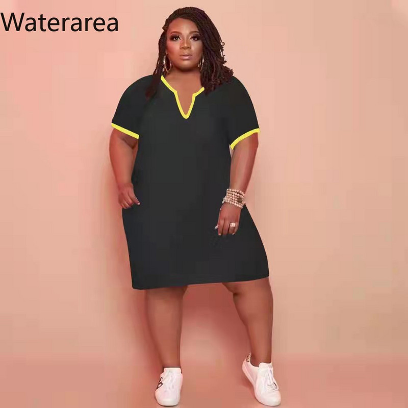 Waterarea Plus Size Solid Női Ruha Szexi V nyakú rövid ujjú Midi Ruha Utcai Ruha Alkalmi Zseb Afrikai Bő Vestido Új