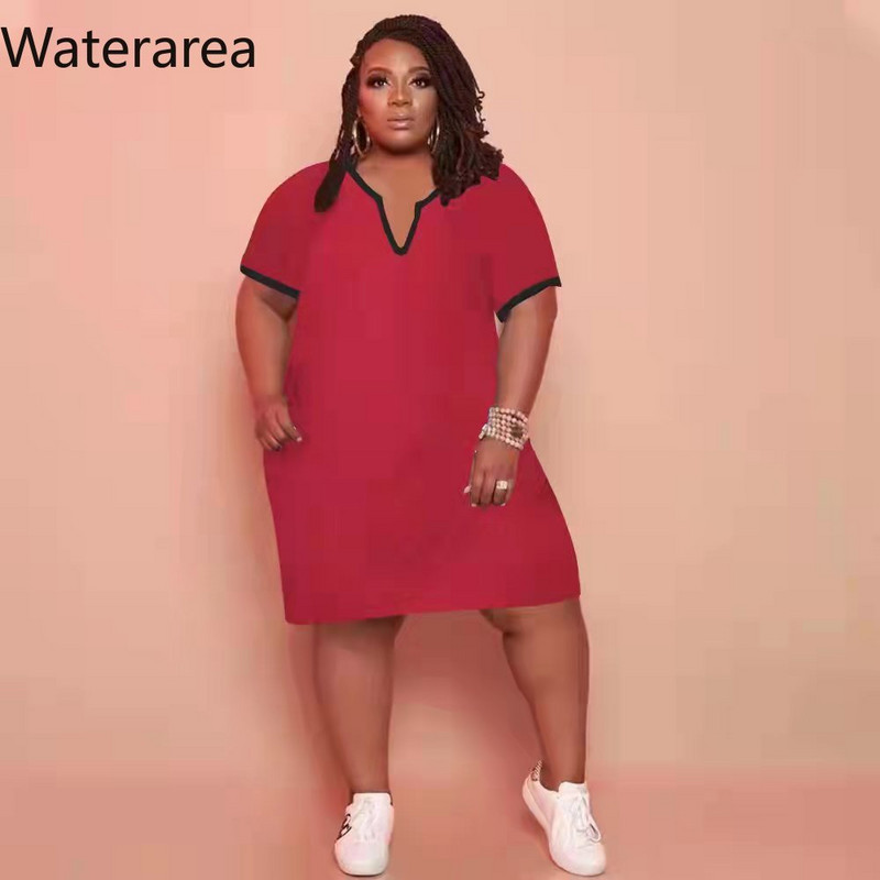 Waterarea Plus Size Solid Női Ruha Szexi V nyakú rövid ujjú Midi Ruha Utcai Ruha Alkalmi Zseb Afrikai Bő Vestido Új