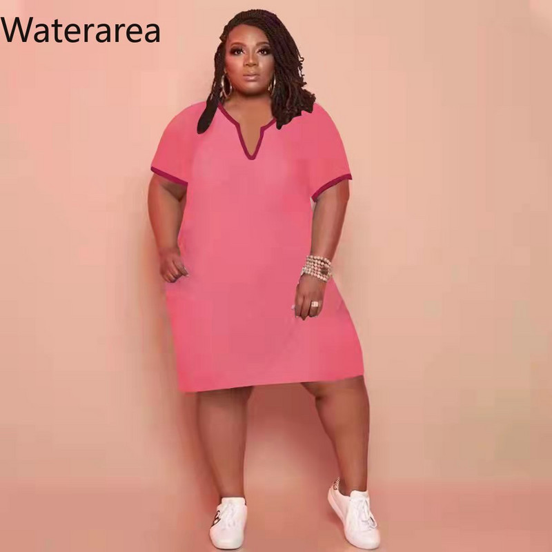 Waterarea Plus Size Solid Női Ruha Szexi V nyakú rövid ujjú Midi Ruha Utcai Ruha Alkalmi Zseb Afrikai Bő Vestido Új