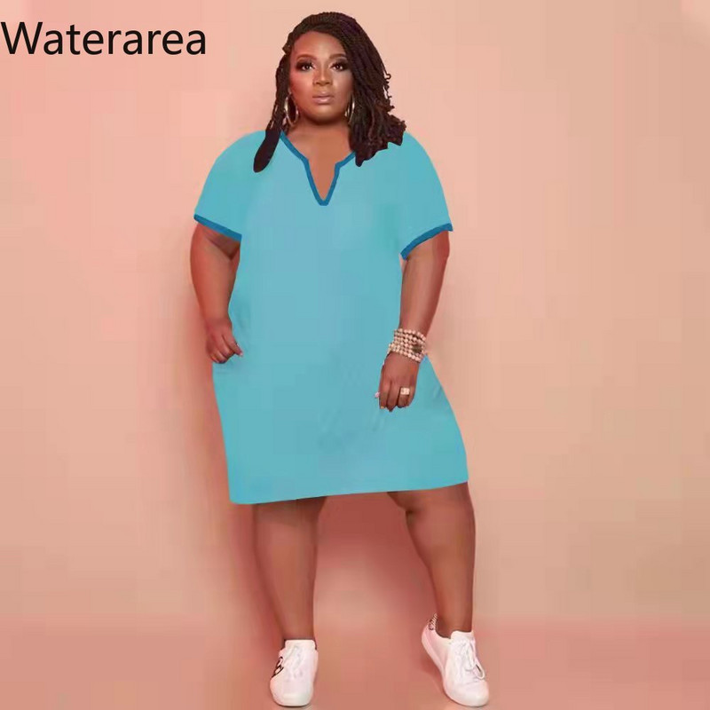 Waterarea Plus Size Solid Női Ruha Szexi V nyakú rövid ujjú Midi Ruha Utcai Ruha Alkalmi Zseb Afrikai Bő Vestido Új