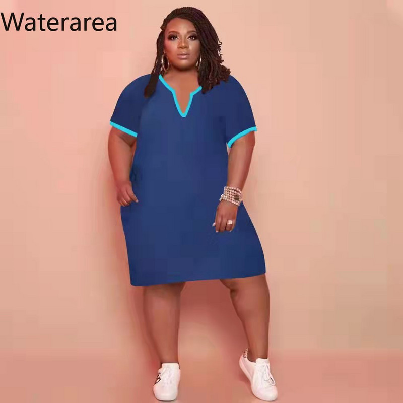 Waterarea Plus Size Solid Női Ruha Szexi V nyakú rövid ujjú Midi Ruha Utcai Ruha Alkalmi Zseb Afrikai Bő Vestido Új