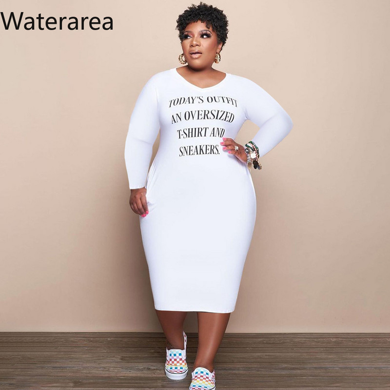 Waterarea Rochie Marime Plus Femei cu decolteu în V mâneci lungi Rochie maxi cu imprimeu cu caractere Casual Solid Rochii pentru femei toamna 2021