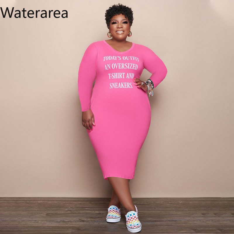 Waterarea Rochie Marime Plus Femei cu decolteu în V mâneci lungi Rochie maxi cu imprimeu cu caractere Casual Solid Rochii pentru femei toamna 2021