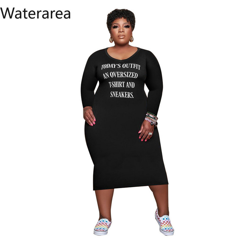 Waterarea Rochie Marime Plus Femei cu decolteu în V mâneci lungi Rochie maxi cu imprimeu cu caractere Casual Solid Rochii pentru femei toamna 2021