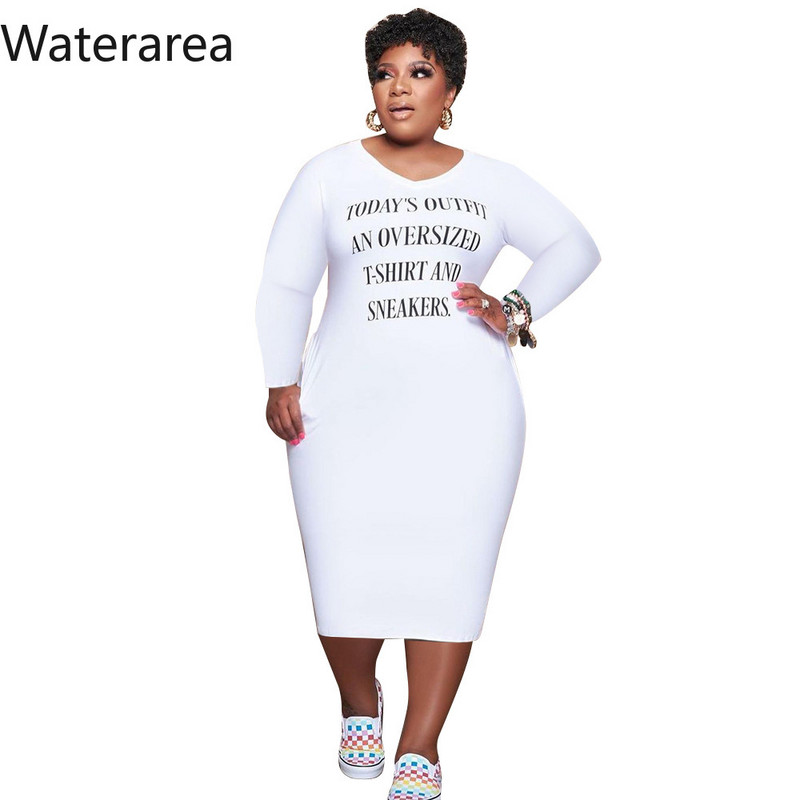 Waterarea Rochie Marime Plus Femei cu decolteu în V mâneci lungi Rochie maxi cu imprimeu cu caractere Casual Solid Rochii pentru femei toamna 2021