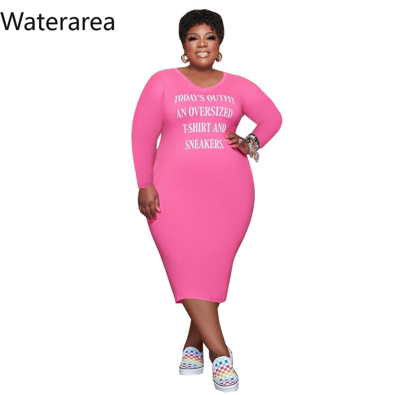 Waterarea Rochie Marime Plus Femei cu decolteu în V mâneci lungi Rochie maxi cu imprimeu cu caractere Casual Solid Rochii pentru femei toamna 2021