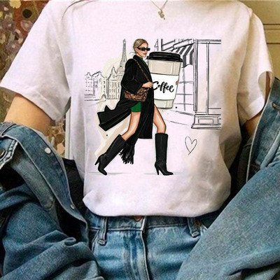 Új nyári nyomtatott női pólók Női bő felsők magas sarkú karácsonyfa Paris Heart Graphic O nyakú rövid ujjú póló