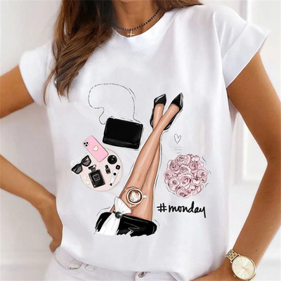 Új nyári nyomtatott női pólók Női bő felsők magas sarkú karácsonyfa Paris Heart Graphic O nyakú rövid ujjú póló