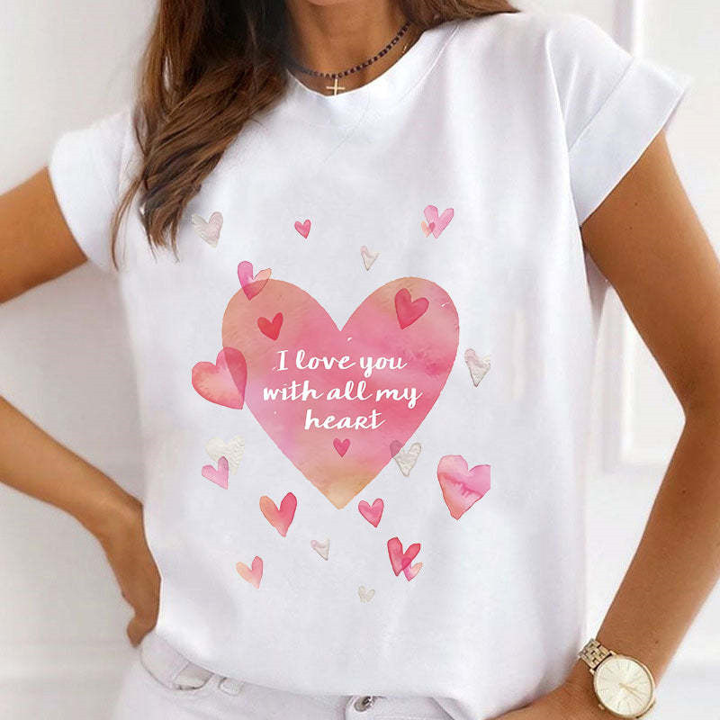 Új nyári nyomtatott női pólók Női bő felsők magas sarkú karácsonyfa Paris Heart Graphic O nyakú rövid ujjú póló