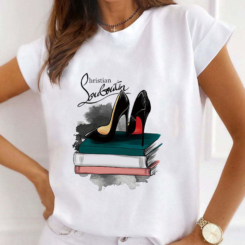 Új nyári nyomtatott női pólók Női bő felsők magas sarkú karácsonyfa Paris Heart Graphic O nyakú rövid ujjú póló