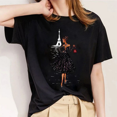 Ljetna ženska odjeća Majice kratkih rukava s grafičkim motivima Paris Modne majice s o-izrezom Crne majice s kratkim rukavima Majice s kratkim rukavima za djevojčice Majice kratkih rukava