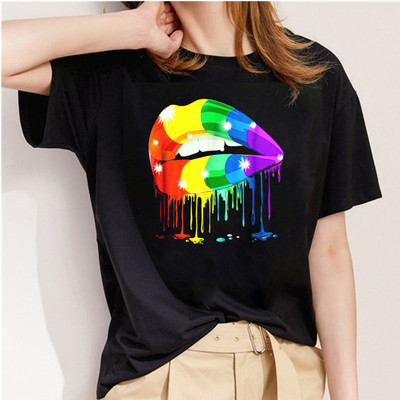 Μόδα ακουαρέλα γραφικό μπλουζάκι Γυναικείο μπλουζάκι Basic O-neck Sexy Lips Μαύρα μπλουζάκια Kiss Lip Funny Whisper Words Girls Tshirt