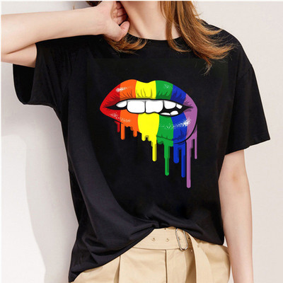 Μόδα ακουαρέλα γραφικό μπλουζάκι Γυναικείο μπλουζάκι Basic O-neck Sexy Lips Μαύρα μπλουζάκια Kiss Lip Funny Whisper Words Girls Tshirt