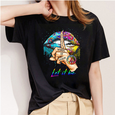 Μόδα ακουαρέλα γραφικό μπλουζάκι Γυναικείο μπλουζάκι Basic O-neck Sexy Lips Μαύρα μπλουζάκια Kiss Lip Funny Whisper Words Girls Tshirt