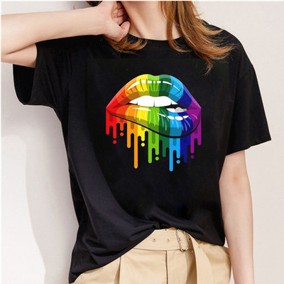 Μόδα ακουαρέλα γραφικό μπλουζάκι Γυναικείο μπλουζάκι Basic O-neck Sexy Lips Μαύρα μπλουζάκια Kiss Lip Funny Whisper Words Girls Tshirt