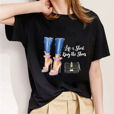 Letné módne tričko Moderné dievčenské tričko Dámske topy Základné O-krídlové čierne tričká Voľné tričko s krátkym rukávom