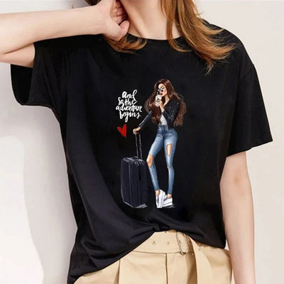 Letné módne tričko Moderné dievčenské tričko Dámske topy Základné O-krídlové čierne tričká Voľné tričko s krátkym rukávom