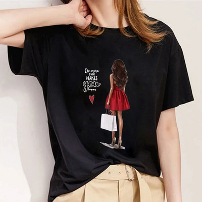 Letné módne tričko Moderné dievčenské tričko Dámske topy Základné O-krídlové čierne tričká Voľné tričko s krátkym rukávom