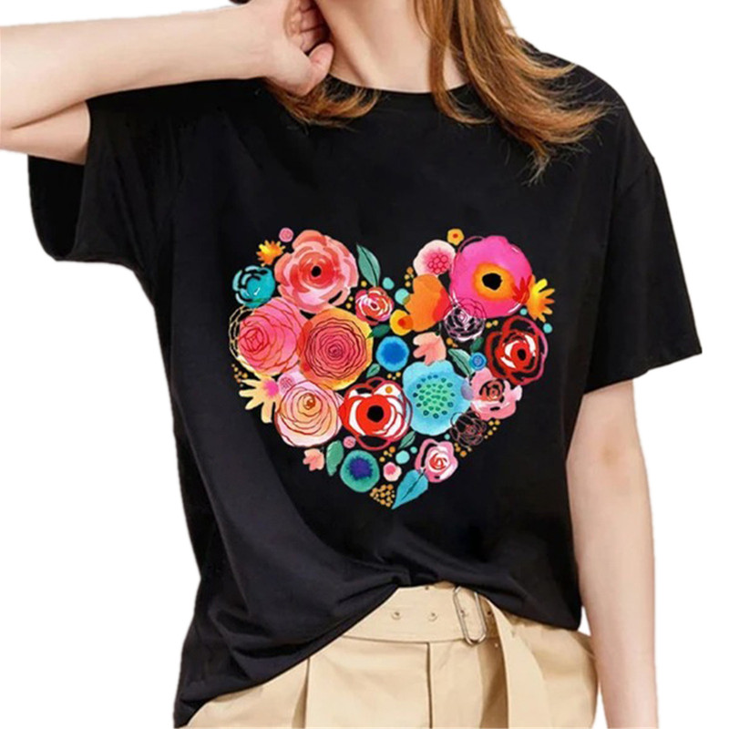 Ženske ljetne crne majice s printom ruža Ženska prekrasna majica kratkih rukava s motivom suncokreta i leptira