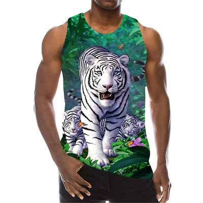 White Tiger Graphic Tanks Topi Bez piedurknēm 3D Animal Printed Vīriešu Veste Vasaras Zvēra Raksts O veida Kakls Street Man Tanks Liels Izmērs 6Xl