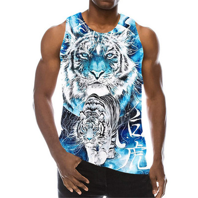 White Tiger Graphic Tanks Topi Bez piedurknēm 3D Animal Printed Vīriešu Veste Vasaras Zvēra Raksts O veida Kakls Street Man Tanks Liels Izmērs 6Xl