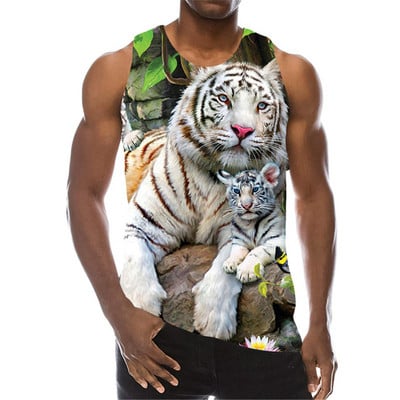White Tiger Graphic Tanks Topi Bez piedurknēm 3D Animal Printed Vīriešu Veste Vasaras Zvēra Raksts O veida Kakls Street Man Tanks Liels Izmērs 6Xl