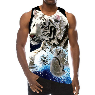White Tiger Graphic Tanks Topi Bez piedurknēm 3D Animal Printed Vīriešu Veste Vasaras Zvēra Raksts O veida Kakls Street Man Tanks Liels Izmērs 6Xl