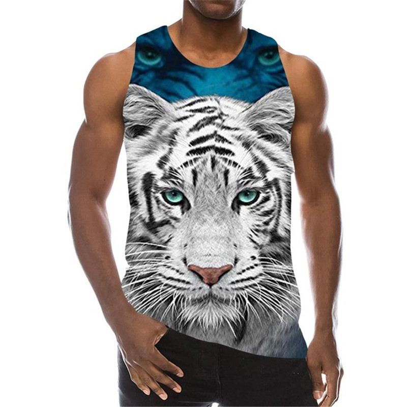 White Tiger Graphic Tanks Topi Bez piedurknēm 3D Animal Printed Vīriešu Veste Vasaras Zvēra Raksts O veida Kakls Street Man Tanks Liels Izmērs 6Xl