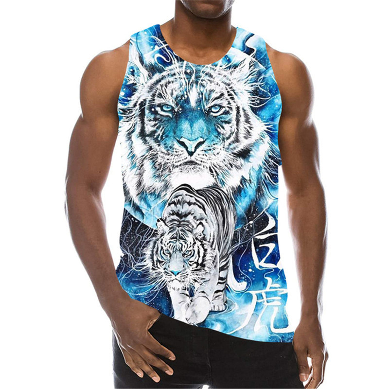 White Tiger Graphic Tanks Topi Bez piedurknēm 3D Animal Printed Vīriešu Veste Vasaras Zvēra Raksts O veida Kakls Street Man Tanks Liels Izmērs 6Xl