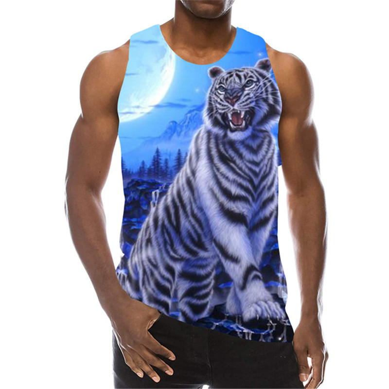 White Tiger Graphic Tanks Topi Bez piedurknēm 3D Animal Printed Vīriešu Veste Vasaras Zvēra Raksts O veida Kakls Street Man Tanks Liels Izmērs 6Xl