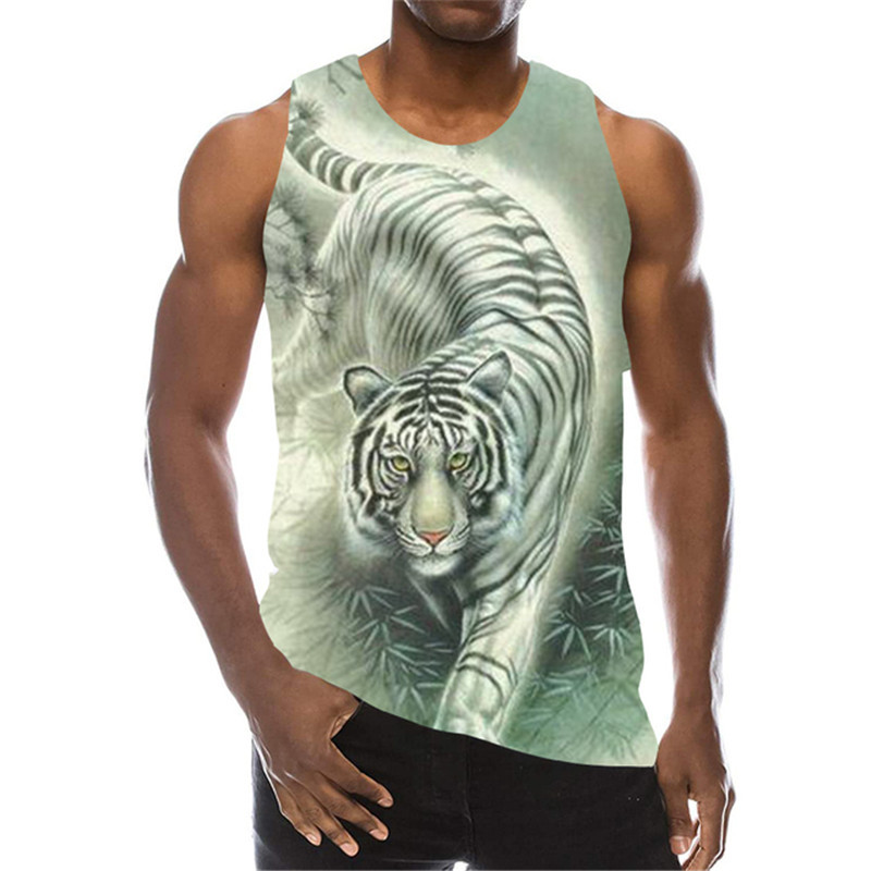 White Tiger Graphic Tanks Topi Bez piedurknēm 3D Animal Printed Vīriešu Veste Vasaras Zvēra Raksts O veida Kakls Street Man Tanks Liels Izmērs 6Xl