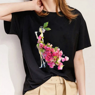 Fekete póló női nyári virágos pillangómintás alkalmi pólók divatos utcai ruházat rövid ujjú, nyakú póló