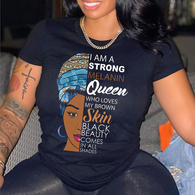 Nyári női levélmintás pólók Női fekete királynő szexi ajkak piros szív grafikai póló Divat bő rövid ujjú póló