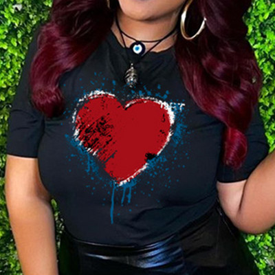 Nyári női levélmintás pólók Női fekete királynő szexi ajkak piros szív grafikai póló Divat bő rövid ujjú póló